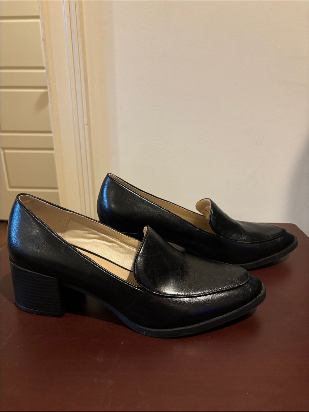 Life Stride Black Leather Block Heel Loafers